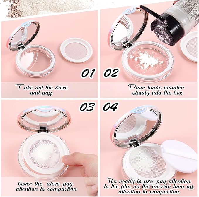 Cunhill 2 Pcs Loose Powder Container with Puff 0.17/0.7 oz Reusable Plastic Empty Case Portable DIY Makeup Powder Container Compact Case with Mirror and Net Sifter(Neon,Black)