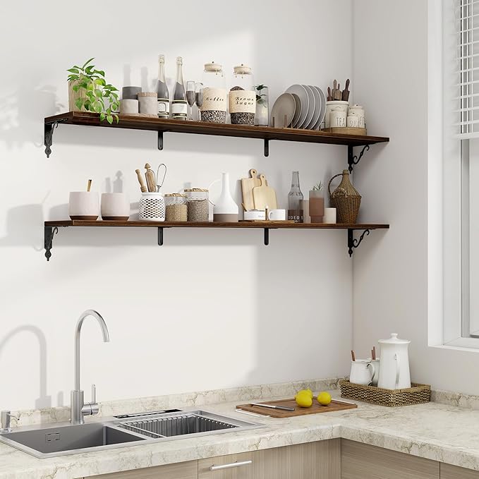 Fun Memories 55 Inch Floating Shelves, Long Floating Shelves Wall-Mounted, 8 Inch Deep Bookshelf with Bracket, 55" W x 8" D Shelves for Wall Display & Storage, Walnut, Set of 2