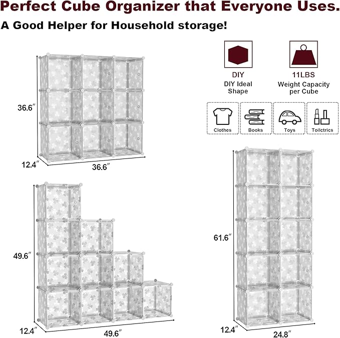 C&AHOME Cube Storage Organizer with Doors, 10-Cube Shelves, DIY Plastic Modular Bookshelf, Closet Clothes Storage Shelving Ideal for Bedroom, Living Room, Clover Embossed, White