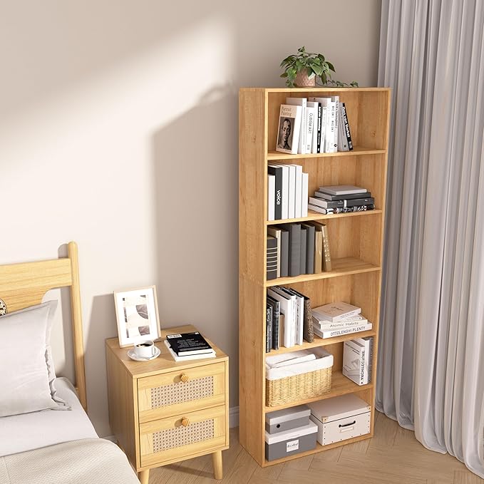 6 Tier Book Shelf，Wooden 6 Cube Storage Organizer,6 Tier Low Bookcase Storage Display Organizer, 64 Inch Versatile Cubes Shelf and Cubby Unit for Any Space (Natural Oak, 6 Cube-W(23.6inch)