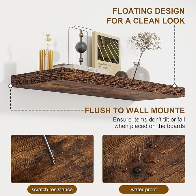 Fun Memories 55 Inch Floating Shelves for Wall 2 Pack Shelves for Bedroom|Kitchen|Bathroom Wall Mounted Rustic Wood Floating Shelf with Invisible Brackets for Books|Storage|Decor, Rustic Brown