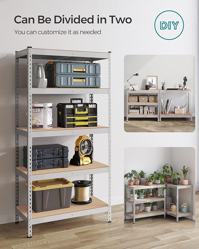 SONGMICS 5-Tier Storage Shelves, Load 2310 lb, Garage Storage, Boltless Assembly, Adjustable Shelving Unit, 17.7 x 35.4 x 70.9 Inches, for Study Shed Basement, Silver and Natural Beige UGLR450E01