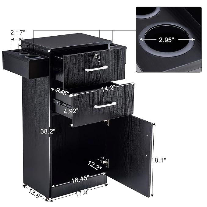 BarberPub 38"x18"x14" Locking Beauty Salon Storage Cabinet, Barber Styling Station with Nylon Hair Dryer Holder, Barber Shop Stylist Equipment with Drawers 2021 (Black)
