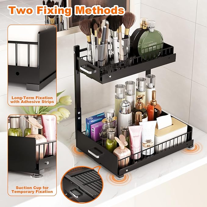 Under Sink Organizer,2 Tier Slide Out Kitchen Cabinet Organizers with Pulley,Under Bathroom Sink Pull Out Organizer with Multiple Height Adjustments for Kitchen and Bathroom Cabinets(Black)