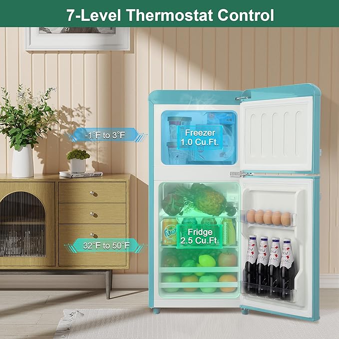 Retro Mini Fridge 3.5 Cu. Ft. Apartment Size Refrigerator with Freezer, 7-Level Adjustable Thermostat Small Retro Refrigerator with Freezer 2-Door Vintage Compact Fridge for Dorm Office RV, Mint Blue