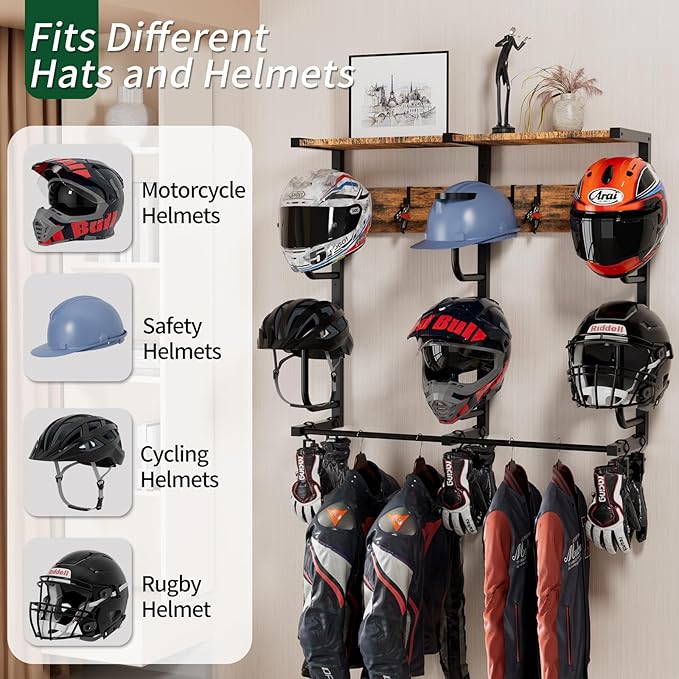 Motorcycle Helmet Rack with 6 J-hooks& 6 Clip Hooks – Wall Mounted Helmet Holder Stand for 6 Helmets, Riding Suits & Accessories, Sturdy Construction Storage Organizer for Entryway or Garage