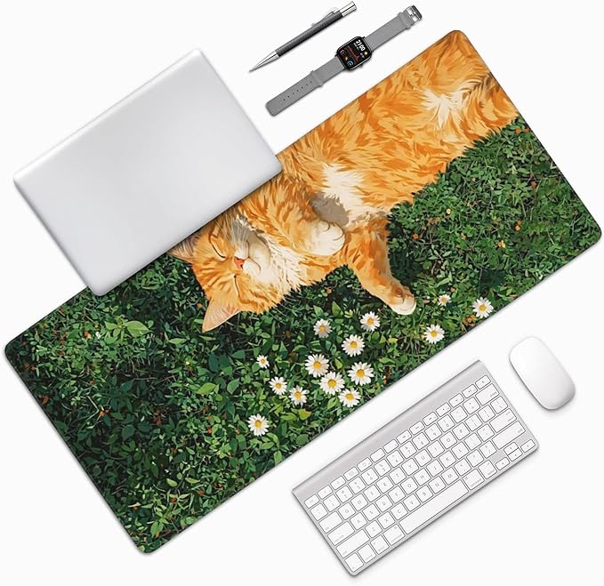 Cozy Cat Large Mouse Pad, Grass Daisy Gaming Desk Mat, XXL Keyboard Desk Pad Mat for Desktop, 35.4"x15.7" Non-Slip Base Big Mousepad with Stitched Edges