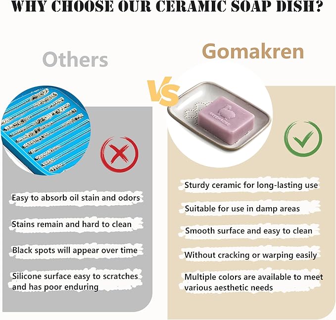 Gomakren Soap Dish for Shower, Christmas Ceramic Soap Dishes for Bar Soap Sponge, Shower Soap Holder Saver Tray for Bathroom Kitchen Sink, Easy to Clean, Beige