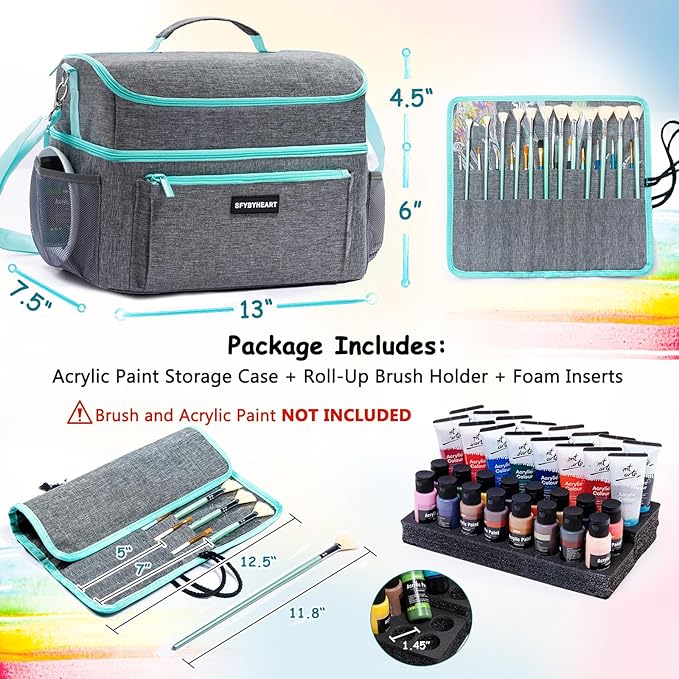 Acrylic Paint Organizer Bag with Washable Roll-Up Brush Holder, 2-Layer Art Supply Case, Large Craft Organizer with Foam Inserts for Apple Barrel, Shuttle Art, Caliart Art Supplies Storage Bag