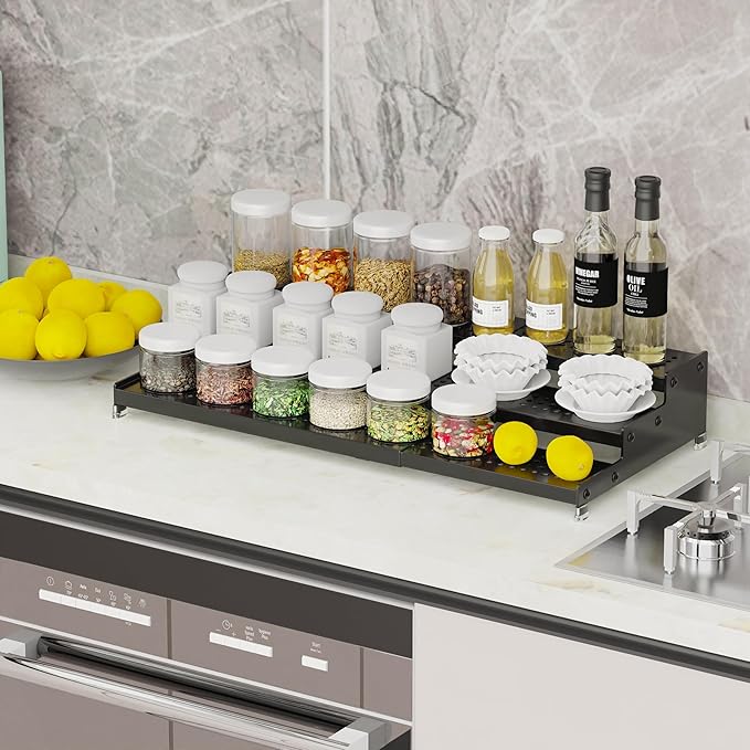 Expandable Spice Rack organizer with 3-Tier step shelf,Modern Design heavy duty,Non Skid and Visibility,Great for Kitchen Cabinet, Pantry and more(1PACK/BLACK)