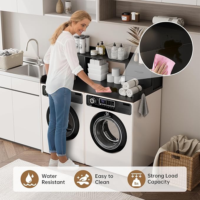 4 Drawers Washer Dryer Countertop with Shelf, 27.5" D x 54" W Laundry Topper with 3.54" High Guardrails and Non-Slip Pads,Extra Storage Organizer for Over Washer and Dryer, Holds 66 Lbs, Black