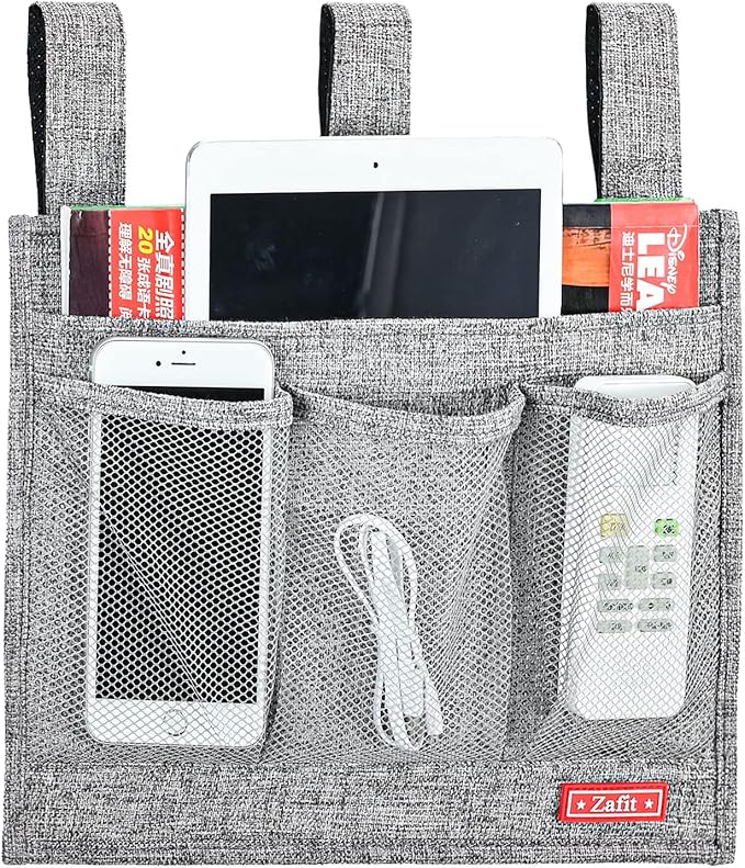 Linen Bedside Caddy, Bedside Storage Organizer for Hospital Beds, College Dorm Rooms or Baby Bed (Classic 4 Pockets Grey)