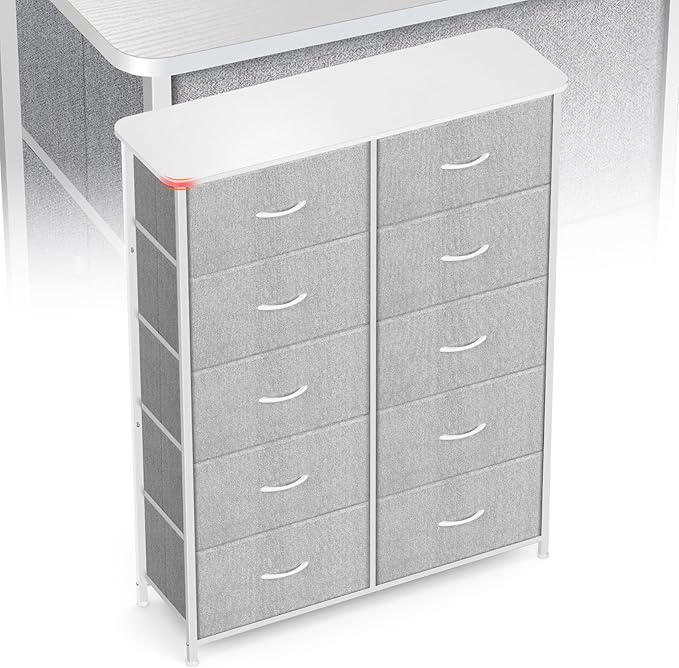 Curved Profile Dresser for Bedroom, Chest of Drawers, 10 Storage Drawers Organizer Unit, Brown Dresser with Fabric Bins for Closet, Living Room, Kid Room (White)