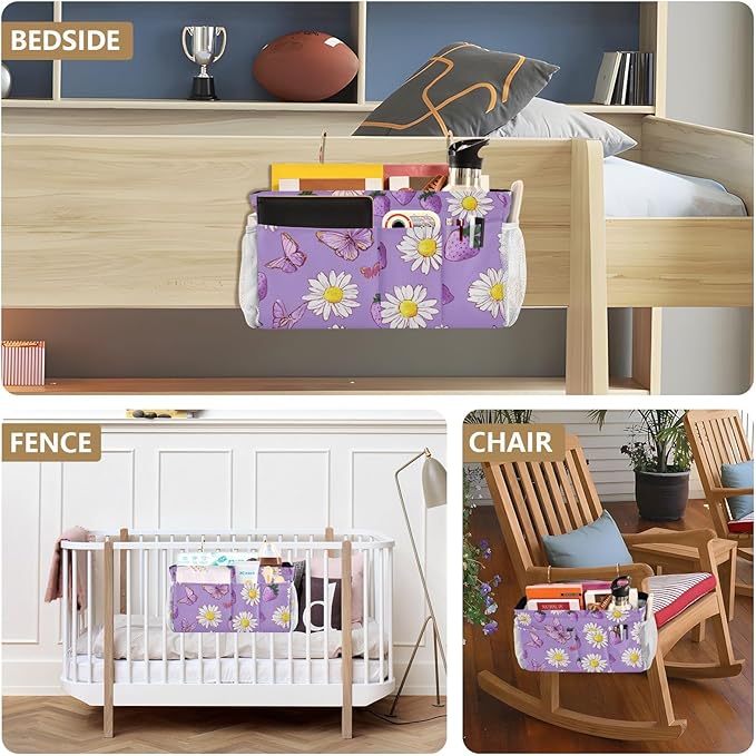 Purple Cute Daisy Butterflies Strawberry Bedside Caddy for Dorm Bed Bedside Hanging Caddy Bag Iron Frame Storage Organizer Pocket for Bunk Home College Hospital Beds 2 Hooks