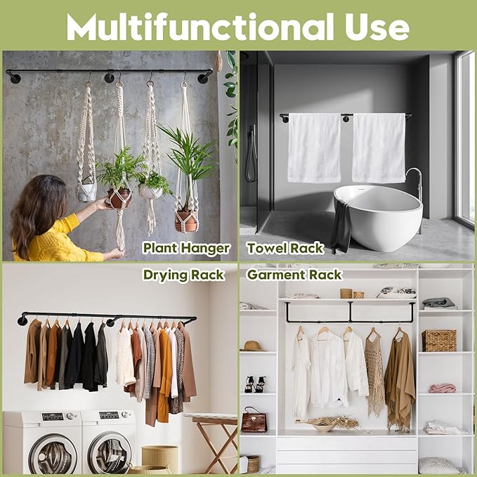 Industrial Pipe Clothing Rack, 66.1" Wall Mounted Clothes Rack Set of 2, Heavy Duty Closet Rod for Hanging Clothes, Space-Saving Detachable Iron Wall Garment Bar 3 Base