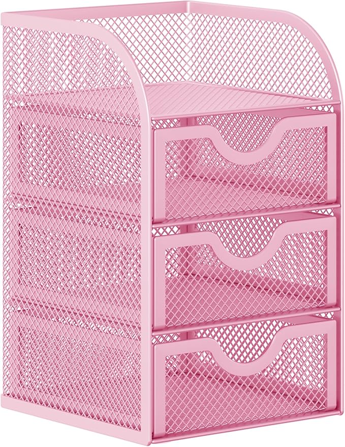EasyPAG Mesh Desk Organizer with 3 Drawer Office Desktop Organizers and Accessories Stationery Caddy for Office, Home, Students, Pink
