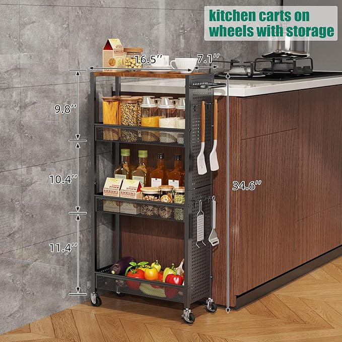 Slim Rolling Storage Cart with Wheels, 4-Tier Metal Utility Cart with Handle & Wood Top, Small Mobile Organizer Shelf Unit for Laundry Room, Kitchen, Bathroom, Office, Narrow Space