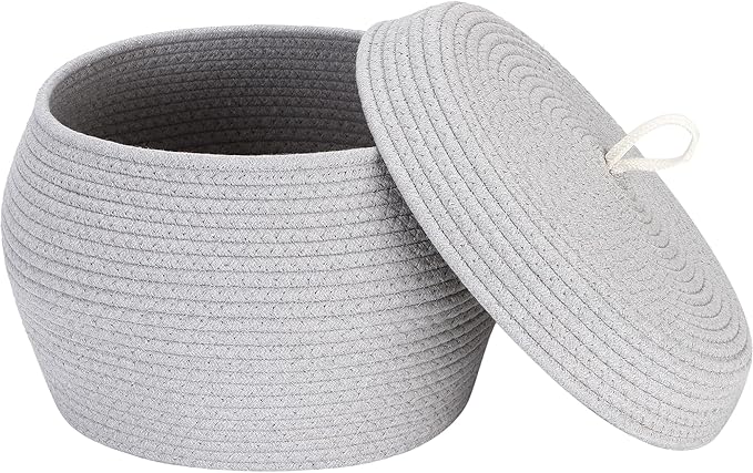 Sea Team Round Cotton Rope Storage Basket with Lid, Decorative Woven Storage Bin, Pot, Caddy, Organizer, Container for Snacks, Towels, Plants, 13 x 9 Inches (Large, Grey)