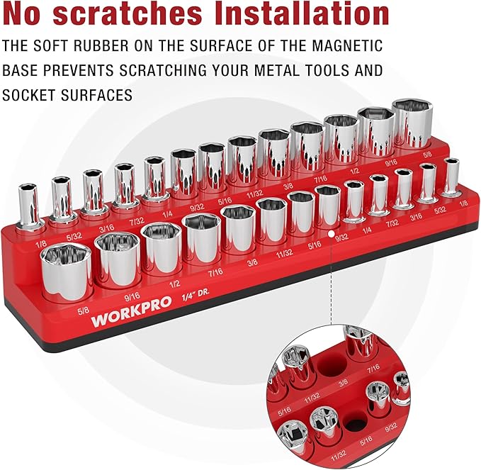 WORKPRO Magnetic Socket Organizer, 1/4-Inch SAE Socket Holder, Socket Trays Holds 26 Pieces Standard Size and Deep Size Sockets(Sockets not Included)