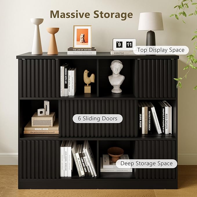 iPormis 12 Cube Bookcase with 6 Fluted Sliding Doors, 3 Tier Wooden Bookshelf, 47.2” Freestanding Cube Storage Organizer for Living Room, Office, Bedroom, Semi-Open Bookshelves, Black
