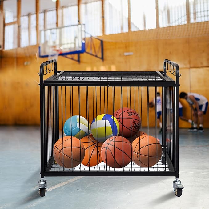 Matt Black Metal Rolling Cart Ball Gym Equipment Sports Gear Storage Portable Wheel Basket Lockable Cage Raised Handle Athletic Basketball Football Soccer Volleyball Racket School PE Class