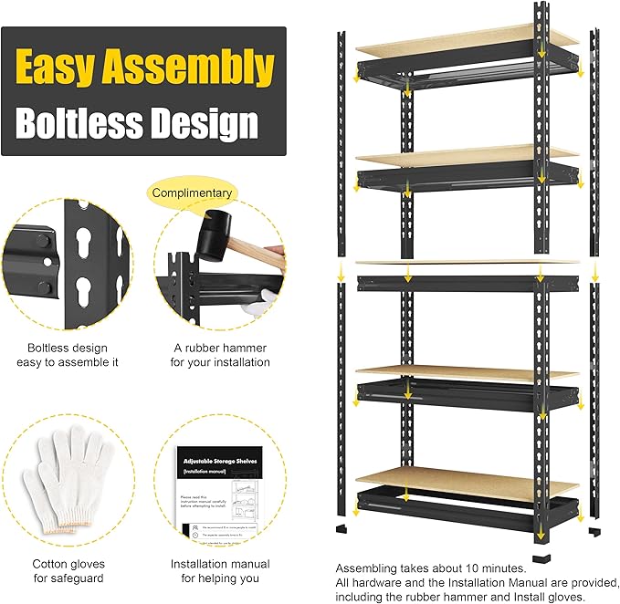 PrimeZone Storage Shelves 5 Packs 5 Tier Adjustable Garage Storage Shelving, Heavy Duty Metal Storage Utility Rack Shelf Unit for Warehouse Pantry Closet Kitchen, 28" x 12" x 59", Black