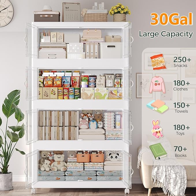 600QT Extra Large Stackable Storage Bins with Lid, 150Gal Collapsible Closet Organizer Box with Wheels, Folding Plastic Storage Cabinet with Doors for Home Kitchen Office Dorm, 5Pack White