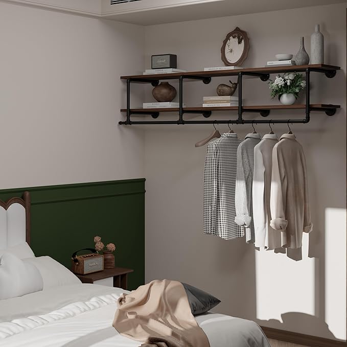 Wall Mounted Clothes Rack 12 Inch Deep, 72 Inch Heavy Duty Garment Rack with Real Walnut Wood Shelf, Multi-Purpose Hanging Rod & Space-Saving Closet Storage Organizer