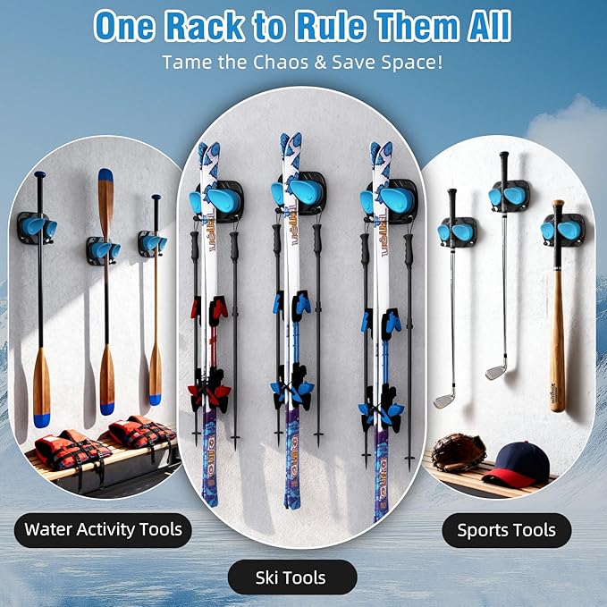 WDZREE Ski & Snowboard Wall Rack for Garage, Fits Any Ski or Board, Ski Wall Mount Garage Organization Holders, Damage-Free Storage Rack, Space-Saving Clamp Winter Gear Organizer, Blue (4 Pack)