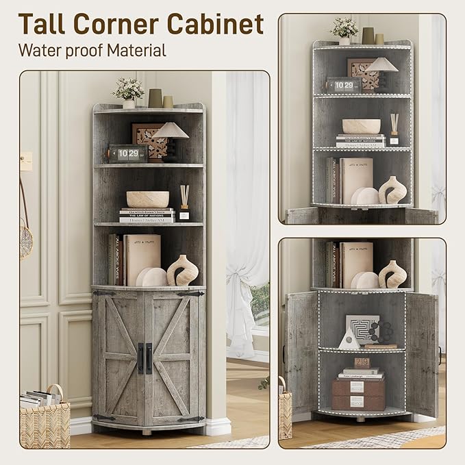 Vabches Tall Corner Cabinet, Farmhouse Corner Storage Shelf with 2 Doors and 6 Storage Shelves, Cabinet with Barn Door Design, Home Space Saver for Living Room, Kitchen, Bathroom, Grey