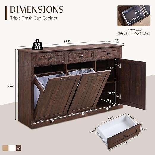 Triple Tilt Out Trash Can Cabinet, 20 Gallon Farmhouse Laundry Hamper Cabinet w/3 Drawers & Adjustable Shelf, Hidden Wooden Trash Can Cabinets with Storage Basket for Kitchen (Brown)