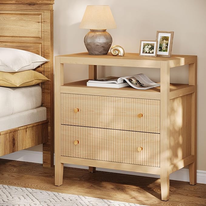 Tribesigns Modern Nightstand, 2-Drawer Nightstand with Open Storage Shelf, 29.52-Inch Wide Bedside Table Large Night Stand for Bedroom, Living Room, Oak (1)