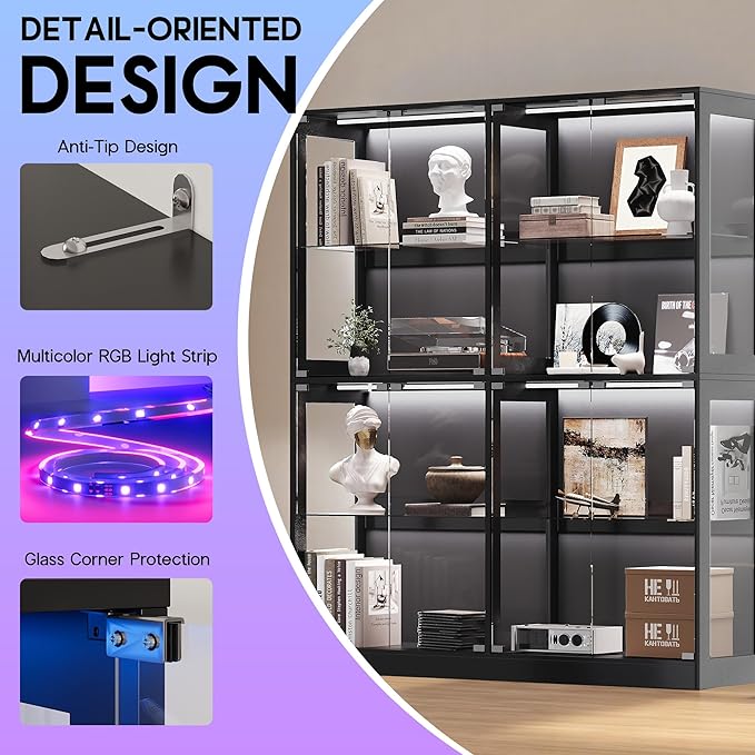 AMERLIFE RGB Display Cabinet with Adjustable Glass Shelves, 4-Tier Storage Case with LED Lights & Press-to-Open Doors, Modern Display Shelf for Collectibles, Black 70" H×60" L×16" D
