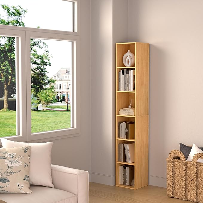 6 Cube Storage Organizer, 6 Tier Vertical Cube Bookcase Freestanding Storage Display Organizer for Home Office, Six Cubes Open Shelf Bookshelf (Oak, 6 Cube)