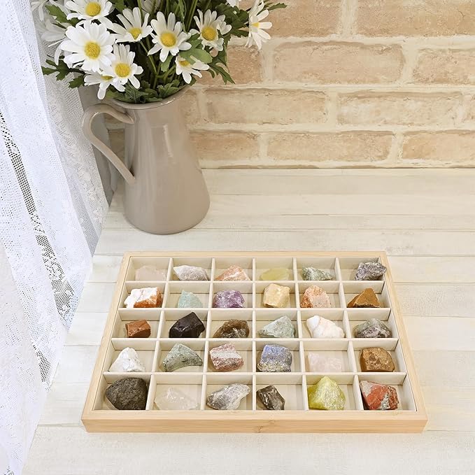 MOOCA 2 Pcs Set Bamboo Jewelry Display Tray Organizer with 30 Compartments for Rings, Earrings, Jewelry, Accessories, and Collectibles items, Oak Color,14" W x 9.6" D x 1.2" H