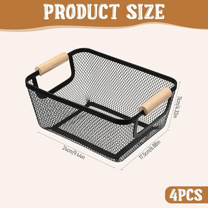 4 Pcs Metal Wire Baskets with Wooden Handles, 9.4x6.9in Wire Storage Basket, Modern Black Rectangular Metal Mesh Basket, for Cabinet Pantry Closet Kitchen Bathroom Office Fridge Fruit Makeup Snacks