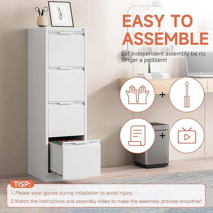 4 Drawer File Cabinet with Lock,17.8" Deep Metal Filing Cabinet,Vertical File Cabinets for Home Office,Locking File Drawer Tall for Hanging Letter/A4/Legal Folders, Easy Assemble-White