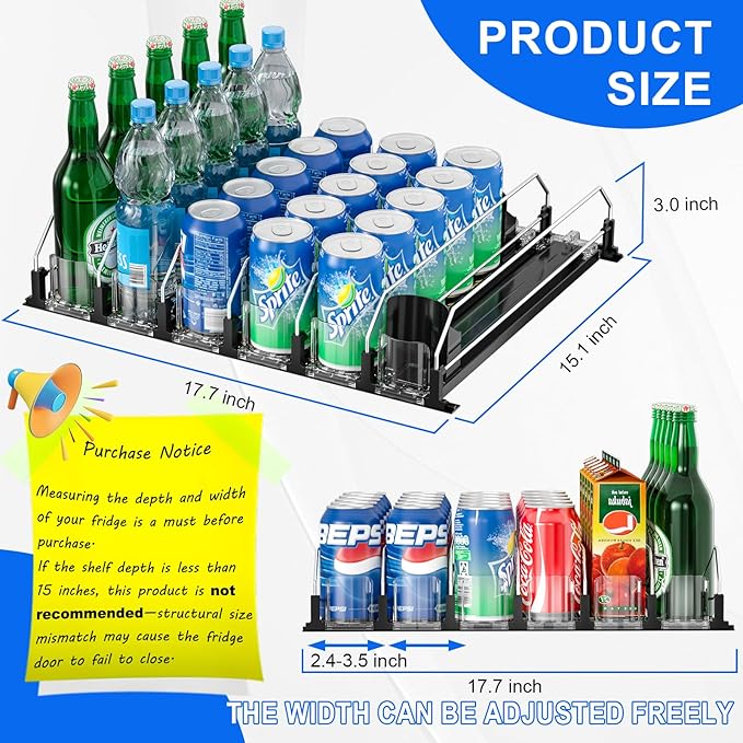 Drink Organizer for Fridge, Upgrade Soda Can Dispenser for Refrigerator, Automatic Pusher Glide Fridge Drink Organizer, Can Organizer for Refrigerator - Holds up to 25 Cans (5 Rows Black)