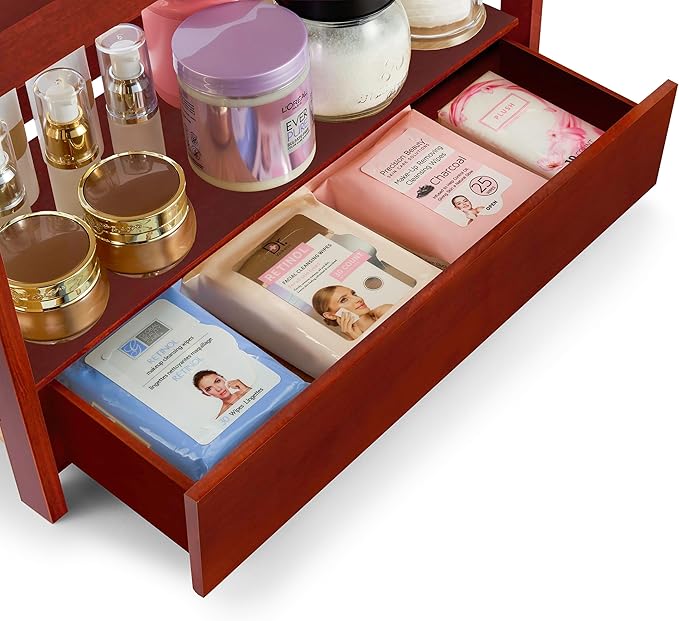 Sorbus Bamboo Bathroom Counter Organizer – 2-Tier Shelf with Hidden Drawer for Vanity, Matcha Station, Bathroom Sink Organizer Countertop, Kitchen & Office Storage (13″ L x 6.5″ W x 12.6″ H) (Brown)