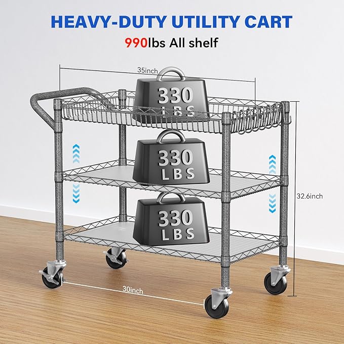 YNN Utility Rolling Cart,990Lbs 3 Tier Heavy Duty Metal Cart with Wheels & Handle NSF Wheeled Cart 31" D x 18" W x 33" H for Bedroom, Bathroom, Kitchen,Garden,Decor,Serving