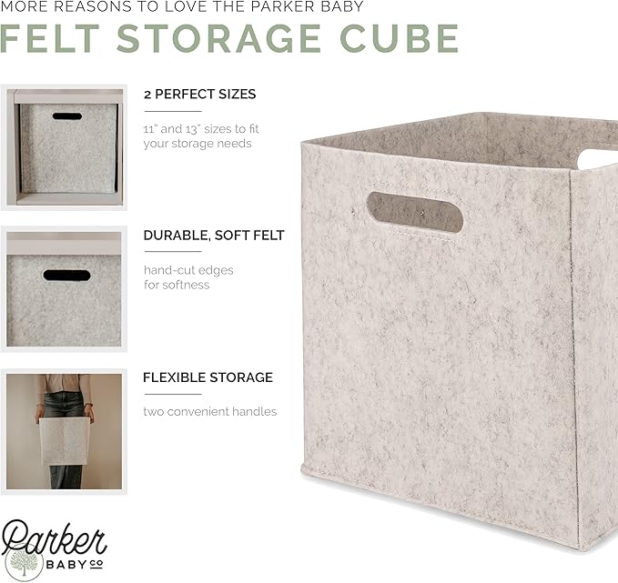 Parker Baby Co. Felt Foldable Storage Cube Bin - 13 Inch Nursery Organizer for Diapers, Toys, and More - Collapsible Portable Cubby Basket for Storage- Natural Modern Design - Gender Neutral - White