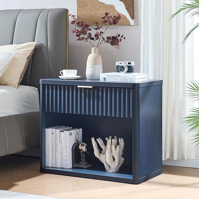 LEYAOYAO 31" Wide Fluted Nightstand Set of 2 with Charging Station, Oversized Extra Large 1 Drawer Night Stand with Golden Handle, Blue Wood Bedside Table Tall End Tables,for Bedroom, Living Room