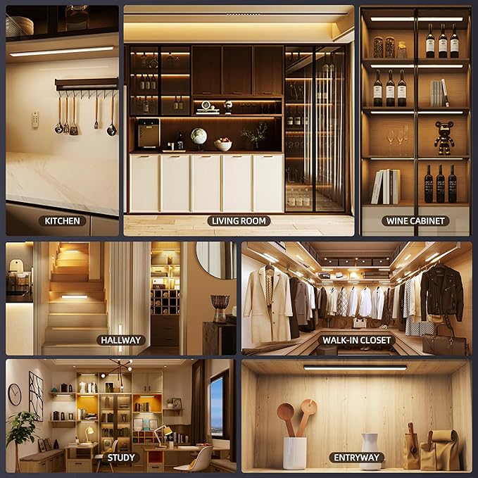 66 LED Under Cabinet Lights Wireless with Full Lighting,Rechargeable Closet Lights with Remote and Motion Sensor Indoor,Under Counter Light with CCT and Dimmable for Kitchen,Stair(3 Pack,7.87inch)