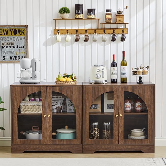 27" Floor Storage Cabinet, Mid-Century Wood Sideboard Buffet Cabinet with Display Arched Acrylic Door & 3-Level Adjustable Shelve for Bathroom, Living Room, Kitchen, Coofee Bar (Walnut)