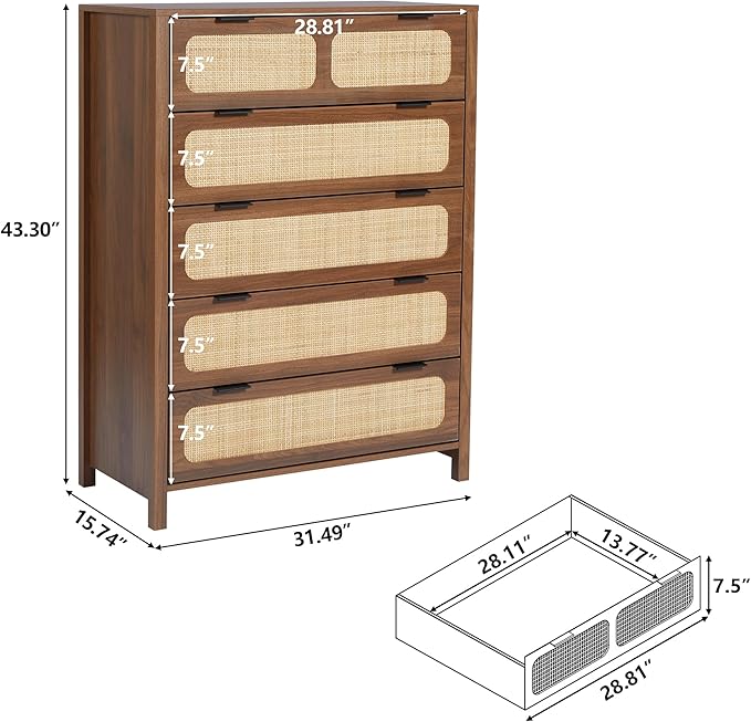 5 Drawer Dresser with Rattan Finish, Modern Farmhouse Chest of Drawers with Metal Handles, Accent Wood Storage Cabinet for Bedroom, Living Room (Walnut)