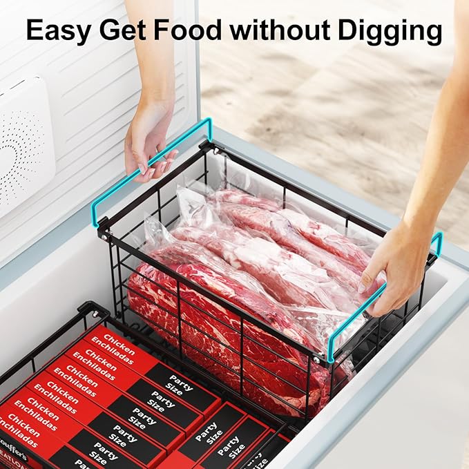 iSPECLE Freezer Organizer Bins - 3 Pack Large Deep Freezer Organizer Bins for 5 to 7 Cu.Ft Chest Freezer, Stackable Easy Access Food No More Digging, Sturdy Metal Wire Basket Not Scratch Bottom, Black
