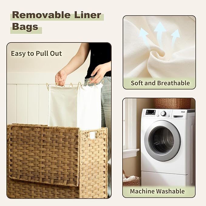 Laundry Hamper with Lid, 130L (34.4 Gal) Rattan Laundry Hamper 3 Section with 50L (13.2 Gal) Storage Shelf, Wicker Woven Laundry Sorter Basket with 4 Liner Bags and Handles, Gray GLH003G