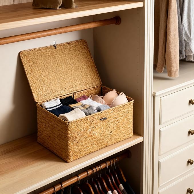 Nonam Seagrass Storage Large Basket with Lid Set of 3,Wicker Basket Storage Bin with Lid for Shelves,Boho Decor,Handwoven Shelf Basket for Organizing-Storage Container Box for Home Organization