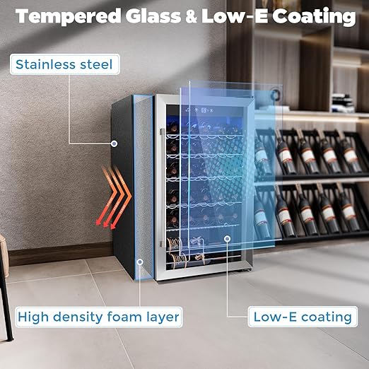 COWSAR 37 Bottle Wine Fridge, 4.45 Cu.Ft Freestanding Commercial Beverage Refrigerator with Reversible Double Pane Glass Door & Adjustable Wavy Wire Shelves, Wine Cooler for Kitchen Bar, Silver