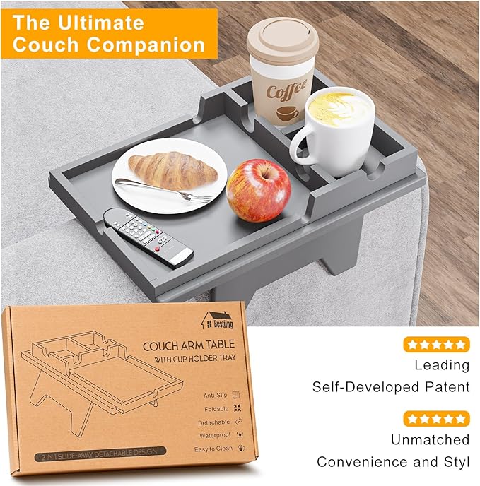 Couch Cup Holder Tray - 2 in 1 Couch Armrest Table with Be Slide-Away Detachable Double Holder - Sofa Armchair Caddy for Drinking Snacks iPad TV Remote (Gray)